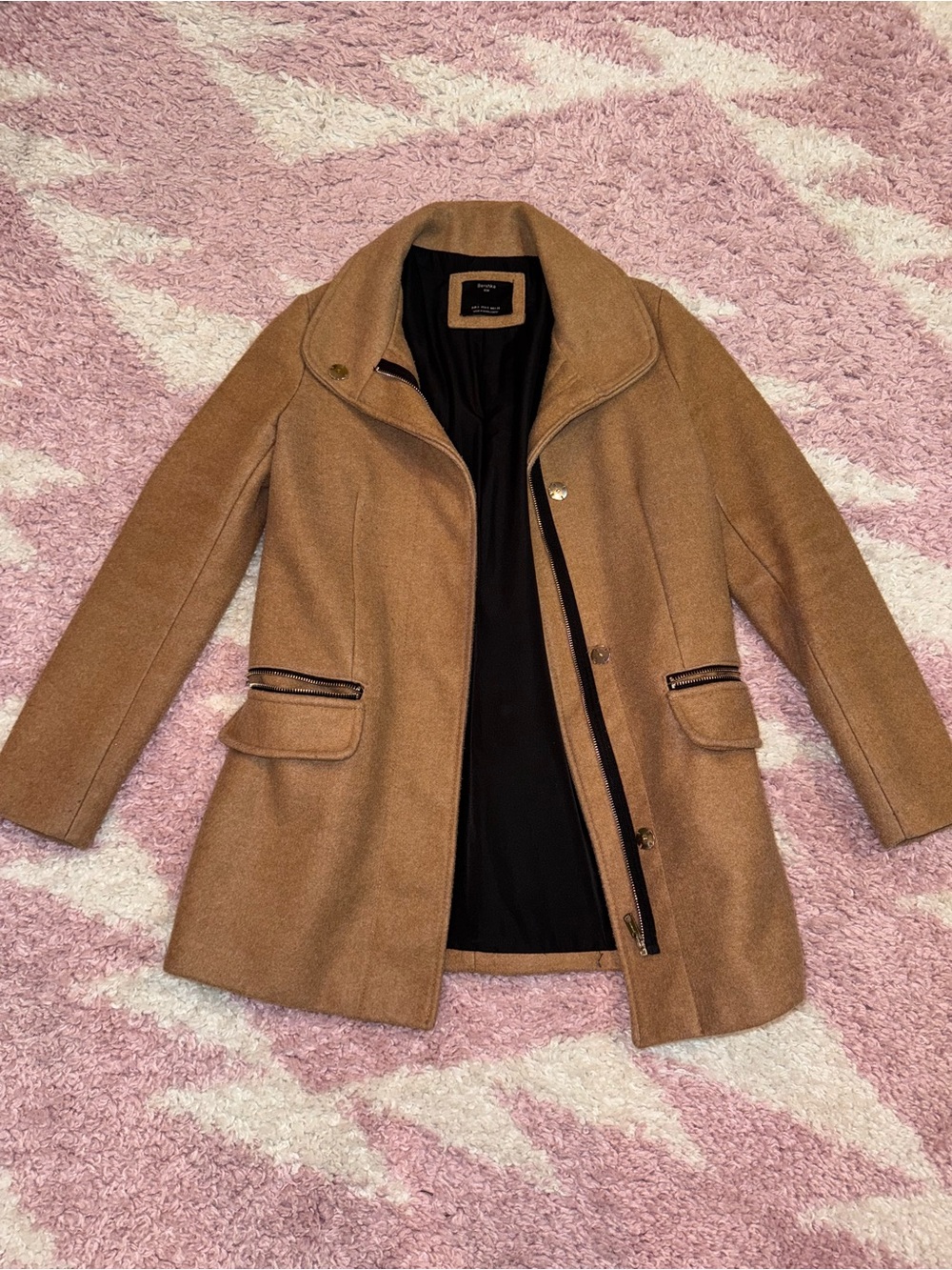 Bershka Camel Wool-Blend Pea Coat